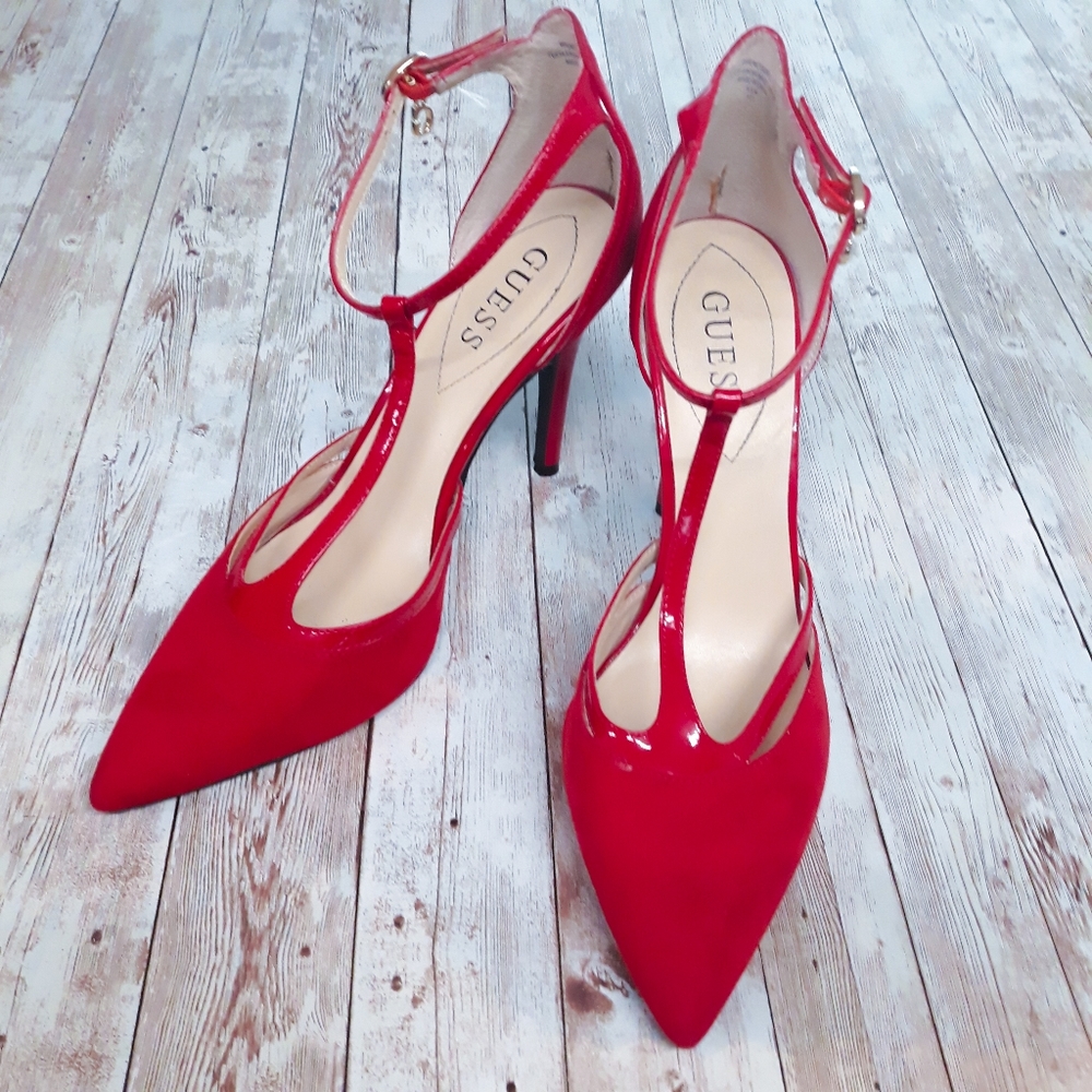 GUESS Strappy Red Suede Patent Leather Stilettos